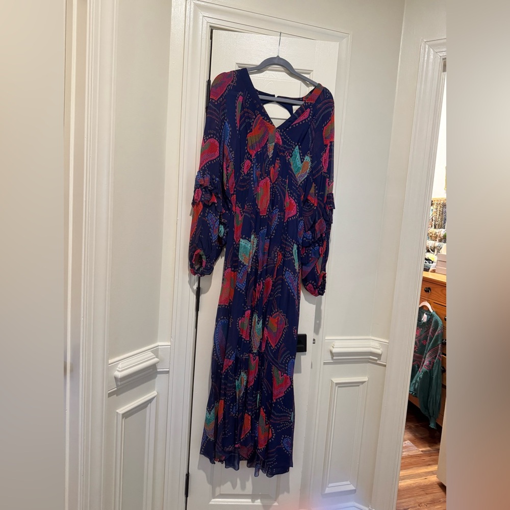 Farm Rio Women’s Navy Floral Heart-Print Long Dress NWT